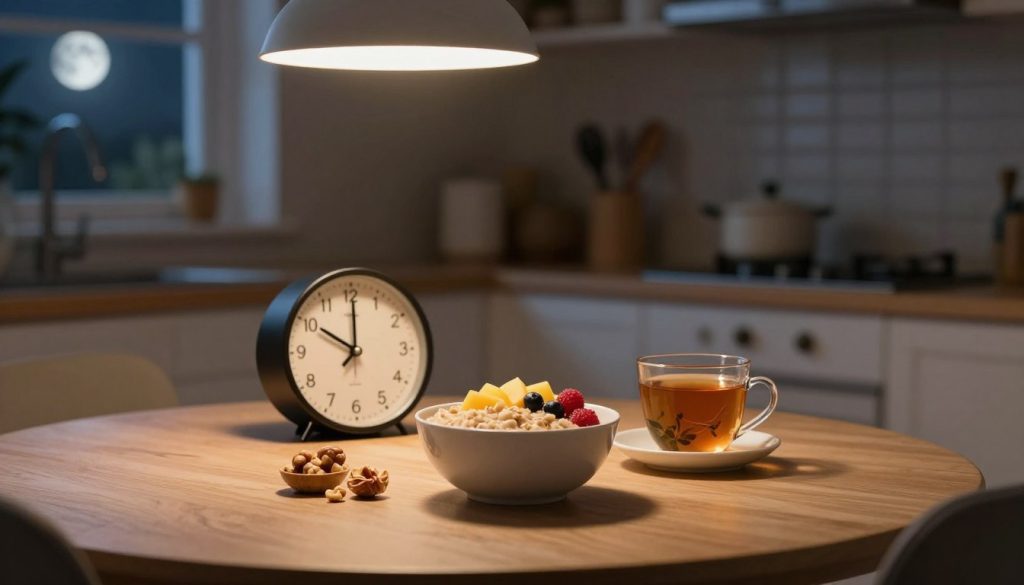 A tranquil late-night kitchen scene, focusing on a cozy dining table set for a light snack. In the foreground, a bowl of oatmeal topped with fresh fruit, a small portion of nuts, and a warm cup of herbal tea, all illuminated by soft, warm lighting from a nearby overhead fixture. The middle ground features a clock showing 9 PM, indicating the ideal time for a late-night snack. In the background, a calm kitchen with dimmed lights, a few kitchen utensils, and a window showing the moonlight outside, creating a peaceful atmosphere. The mood is serene and inviting, perfect for promoting restful sleep. Capture this composition with a shallow depth of field, emphasizing the snack while gently blurring the background.