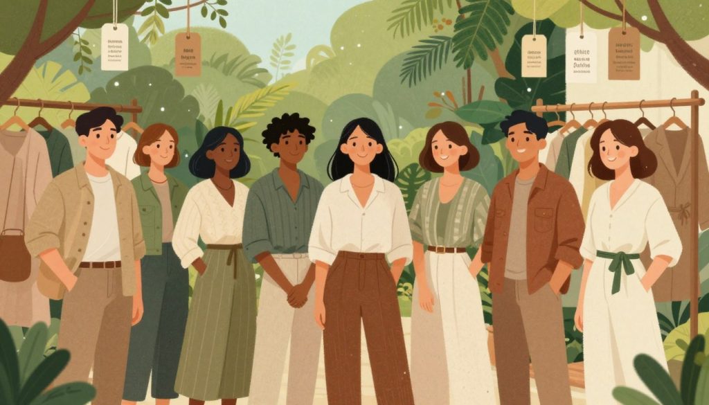 A vibrant and visually striking illustration showcasing sustainable fashion principles. In the foreground, a diverse group of individuals wearing stylish, eco-friendly clothing made from organic materials, such as linen and recycled fabrics, smiles confidently while posing. In the middle ground, a sustainable clothing boutique features a variety of garments displayed on wooden racks, with tags highlighting natural fibers and ethical production processes. The background depicts a serene, lush garden environment, symbolizing the harmony with nature inherent in sustainable fashion. Soft, natural lighting filters through the scene, creating a warm, inviting atmosphere that emphasizes eco-consciousness. The overall mood should convey a sense of hope and innovation in fashion design.