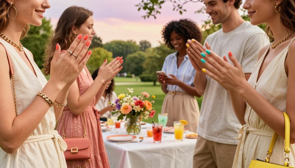 A vibrant summer scene capturing a stylish outdoor gathering where individuals showcase the latest nail polish trends. In the foreground, a diverse group of fashionably dressed people, each wearing elegant summer outfits paired with complementary accessories like statement jewelry and handbags. Their manicured nails display bold summer colors such as coral, turquoise, and bright yellow. In the middle ground, a beautifully arranged table with refreshing beverages and colorful floral arrangements, enhancing the festive atmosphere. The background features a sunny park setting with lush greenery and soft, pastel sky hues, giving a warm and inviting ambiance. Soft natural lighting casts gentle shadows, creating a relaxed and joyful mood. The image should convey a sense of celebration and style, perfect for a summer gathering.