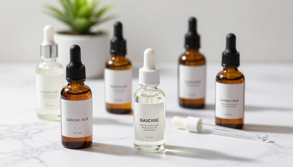A visually striking arrangement of skincare products featuring salicylic acid and glycolic acid in elegant glass bottles. The foreground displays these bottles prominently, their labels clearly indicating their active ingredients. In the middle, a stylish, soft-focus background showcases a marble countertop with delicate skincare tools, such as droppers and applicators, arranged neatly. Soft, natural lighting enhances the glass sheen, casting gentle shadows and highlights, creating an elegant ambiance. A hint of greenery, like a small potted plant, is subtly included in the backdrop to convey freshness. The overall mood should be clean, modern, and sophisticated, emphasizing the theme of skincare science and safety, with a focus on vibrant colors and textures that draw the viewer’s attention to the importance of active ingredients in a skincare routine.