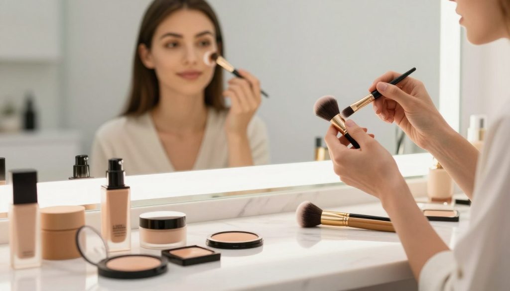 A well-lit vanity table setup showcasing a skincare preparation scene for contouring. In the foreground, elegantly arranged makeup products including highlighters, matte foundations, and brushes are placed on a stylish marble counter. A soft, diffused light illuminates the products, highlighting their textures and colors, while a mirror reflects a beautifully prepared face with natural makeup, emphasizing a smooth complexion. In the middle ground, a close-up view of a professional makeup artist’s hands preparing makeup, blending cream contours and highlighters, showcasing technique and detail. The background suggests a serene, minimalistic bathroom atmosphere with soft white walls and soothing decor, creating an inviting and calm mood, perfect for skincare preparation.