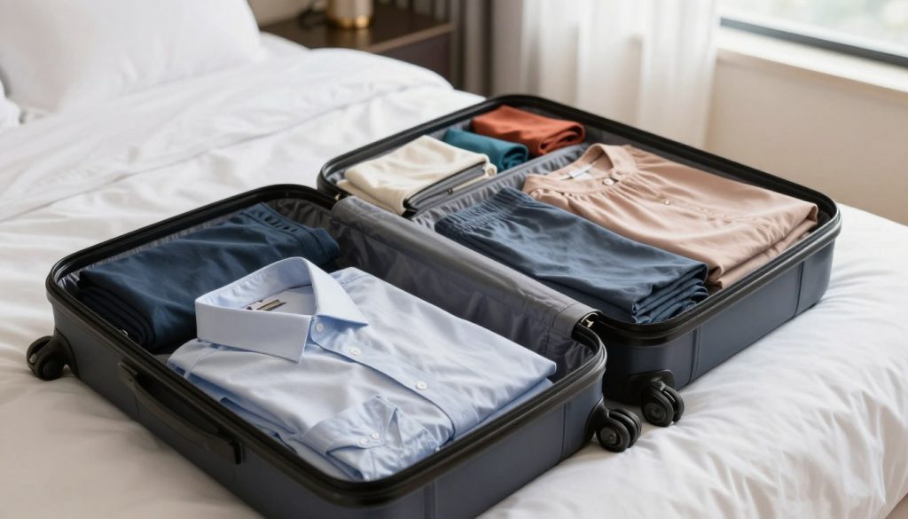 A well-organized travel suitcase on a clean, stylish hotel bed, showcasing techniques for packing clothes to avoid wrinkles. The foreground features neatly folded shirts, pants, and a dress arranged using the rolling and folding methods, emphasizing smoothness and care. In the middle ground, a partially open suitcase displays perfectly packed clothing compartments, with color-coordinated outfits stacked harmoniously. The background consists of soft, natural lighting streaming through a nearby window, highlighting the luxury of the room. The atmosphere is inviting and practical, suggesting an organized and stress-free travel experience. Capture this scene from a slightly elevated angle to present an overview of the packing techniques.