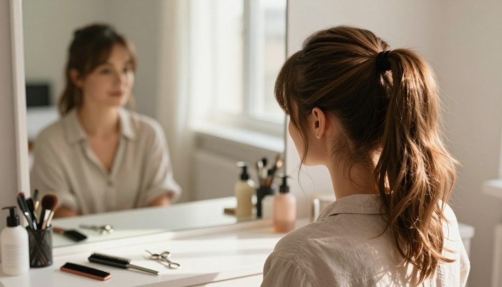 A woman with a neatly styled ponytail sits at a vanity, with the ponytail positioned high on her head. She is wearing a modest, casual shirt while carefully examining her reflection in a large mirror as sunlight filters through a nearby window, creating a warm and inviting atmosphere. On the vanity, there are hair styling tools, such as scissors and a comb, neatly arranged. The focus is on the intricate layers of her hair, showcasing the elegant, flowing texture. Soft, natural lighting enhances the scene, casting gentle shadows that evoke a serene mood, reflecting the theme of achieving a polished hairstyle at home.
