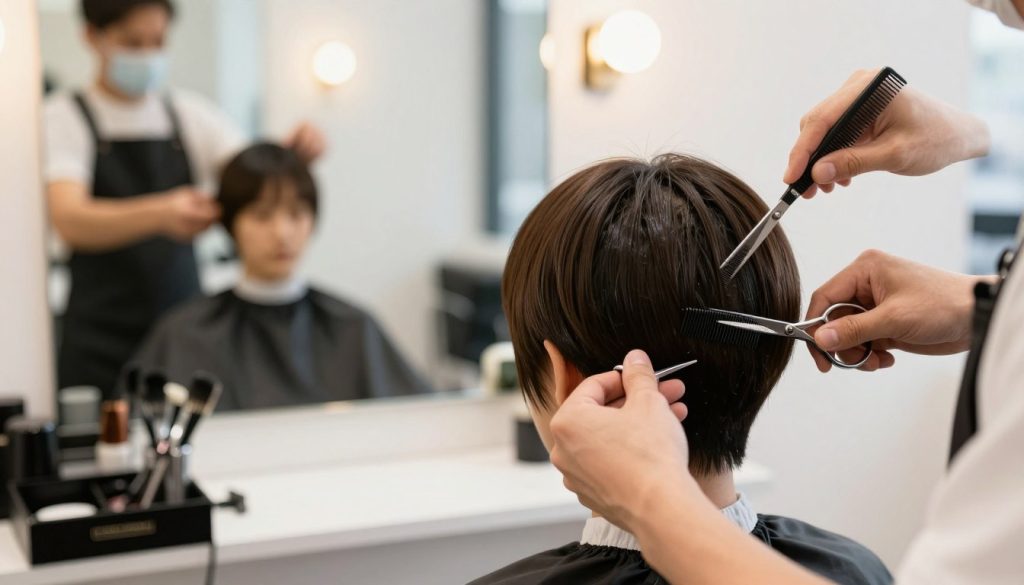 Create a close-up image of a stylish haircut being finished by a professional hairstylist in a bright, well-lit salon. The foreground should feature the hairstylist, dressed in a smart black apron and white shirt, using a comb and scissors to add the final touches to a short hairstyle. In the middle ground, a mirror should reflect the hairstyle in progress, showcasing the clean, polished look. The background should include elegant salon decor, soft lighting, and subtle reflections of other hairstyling tools, conveying a sense of professionalism and tranquility. The atmosphere should be welcoming and inspiring, emphasizing the importance of perfect finishing techniques for long-lasting hairstyles.