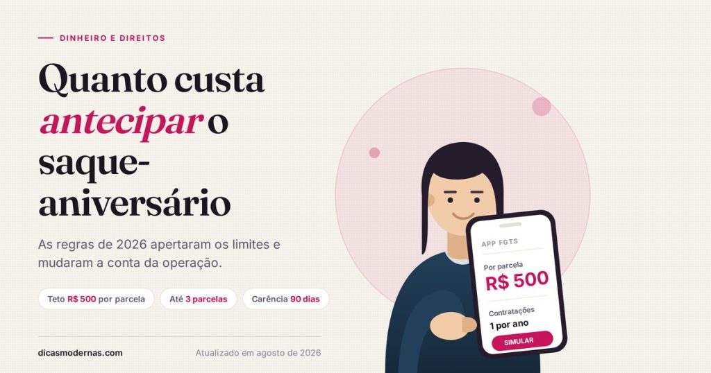 Ilustração de trabalhadora consultando o app do FGTS com o limite de R$ 500 por parcela da antecipação do saque-aniversário
