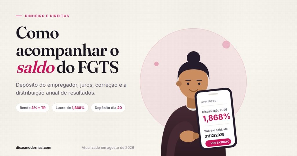 Ilustração de trabalhadora consultando a distribuição de resultados de 1,868% do FGTS no aplicativo
