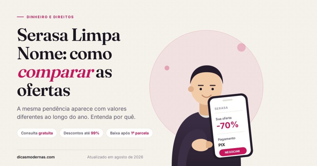 Ilustração de consumidora consultando oferta de desconto de 70% no aplicativo do Serasa Limpa Nome