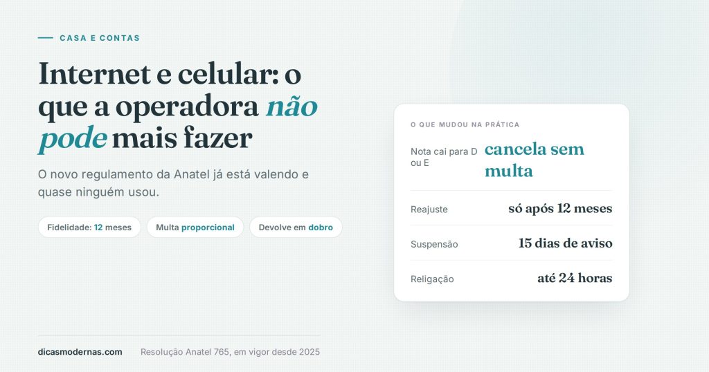 Ilustração sobre o novo regulamento da Anatel: cancelamento sem multa, reajuste anual, prazo de suspensão e religação
